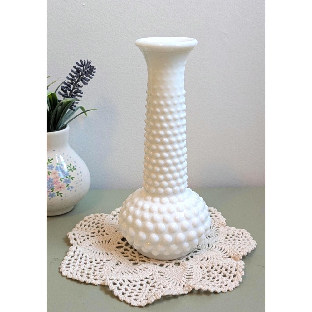 Vintage White Hobnail Milk Glass Vase | 8 Inch Bud Vase‎ | Cottagecore Decor